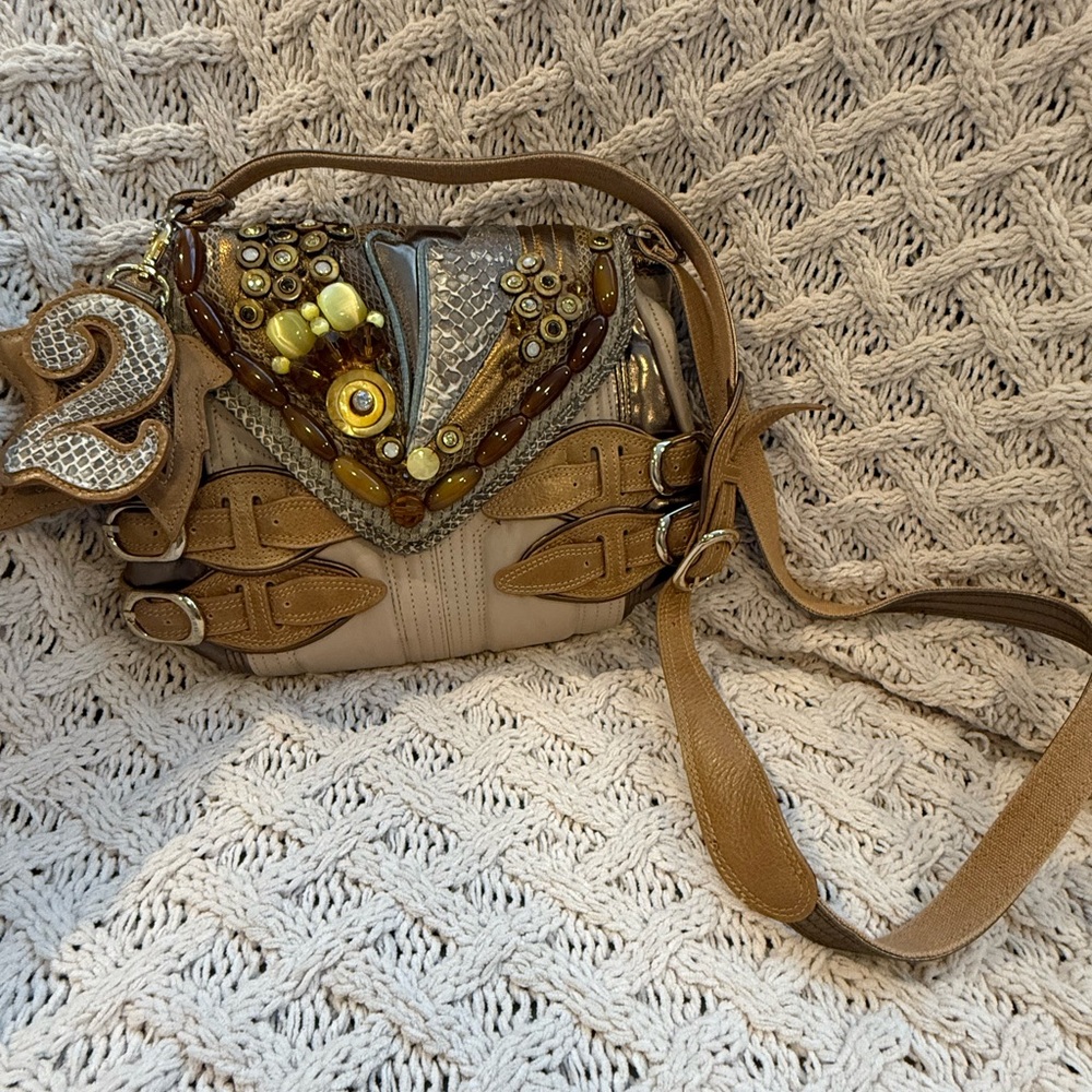 Bracher Emden Buckle Purse Tan Beige Snakeskin Leather Embellished New - Picture 2 of 11